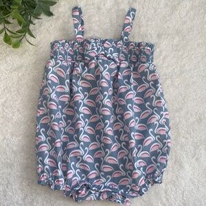 Janie and Jack Swan Print Bubble Romper 6-12M Grayish Blue & Pink EUC
